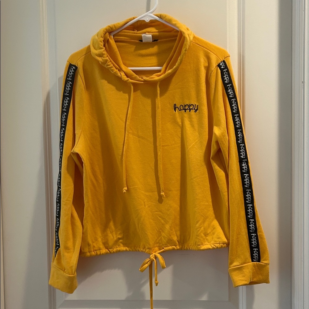 Queen Bees Yellow "Happy" graphic Drawstring Boxy cropped Hoodie Sleeve Tape XL